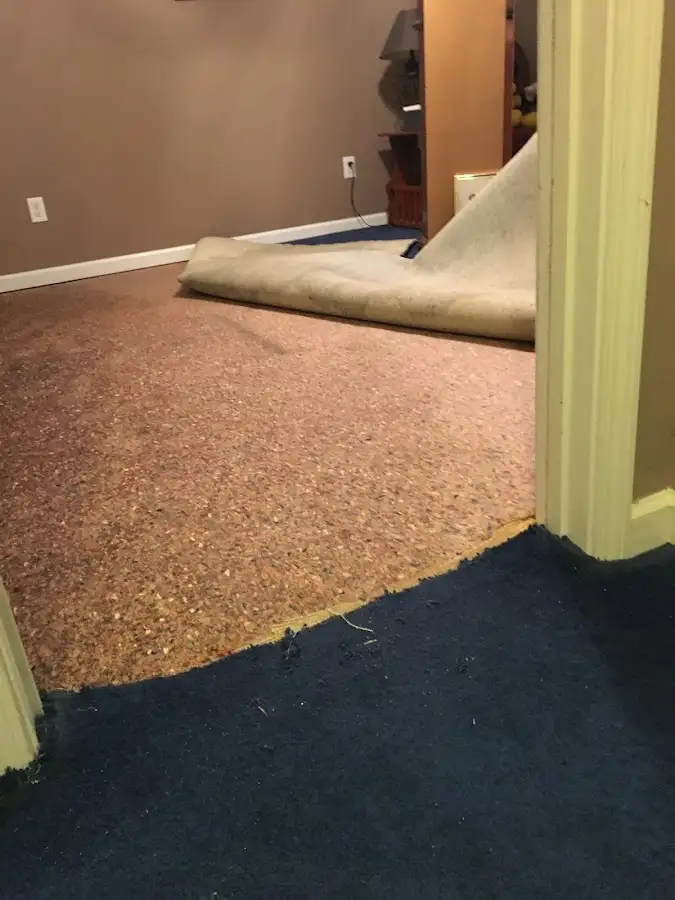 Carpet pad removal revealing water damage during Drying & Dehumidification in Poteau